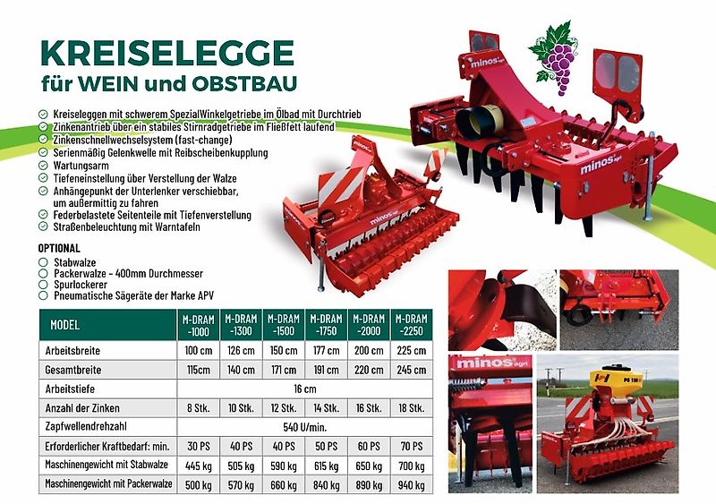 Minos Agri Kreiselegge Wein,-Obstbau M-DRAM-1750-AM mit Packerwalze